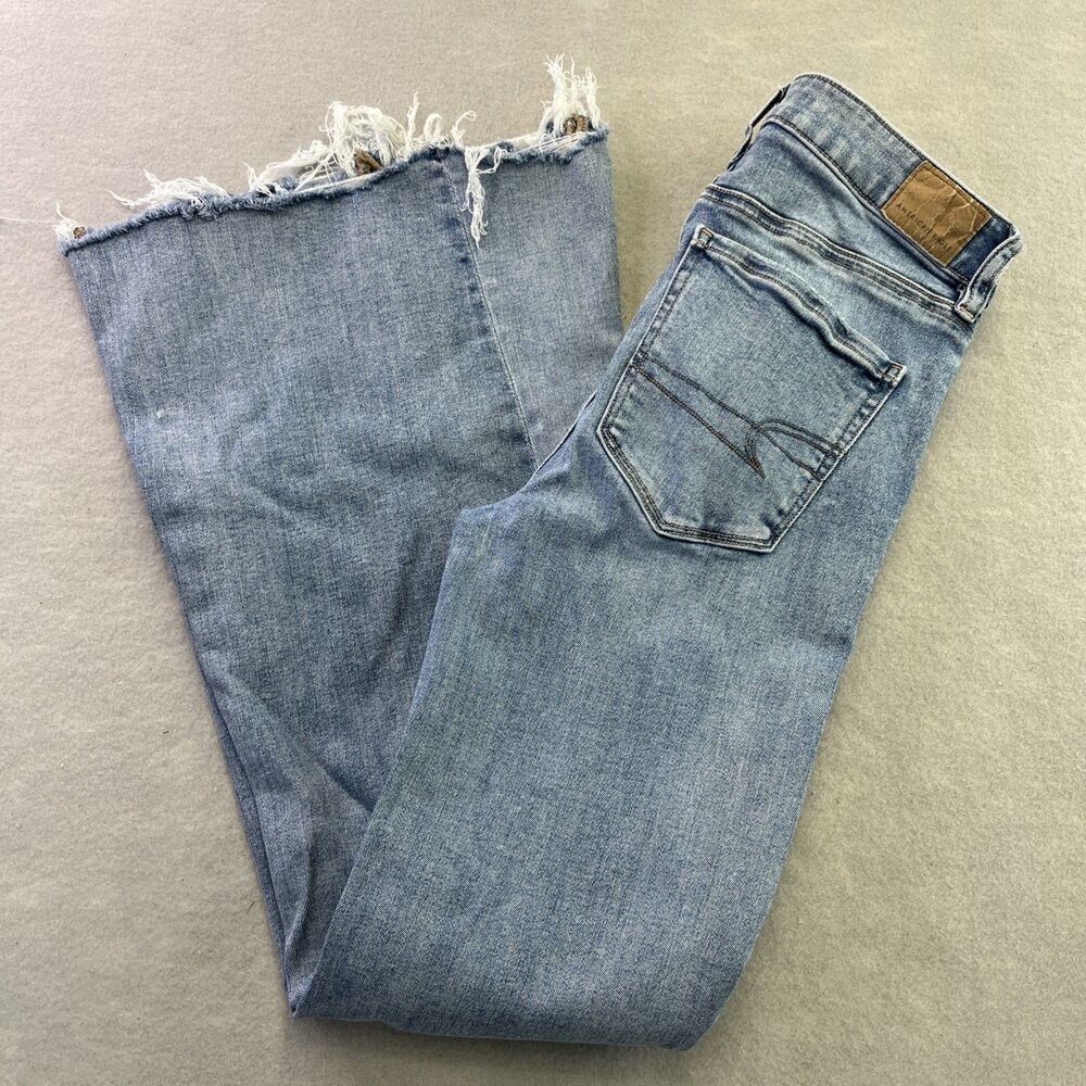 American Eagle Jean 4 Festival Flare Next Level Stretch Denim Distress Fray
